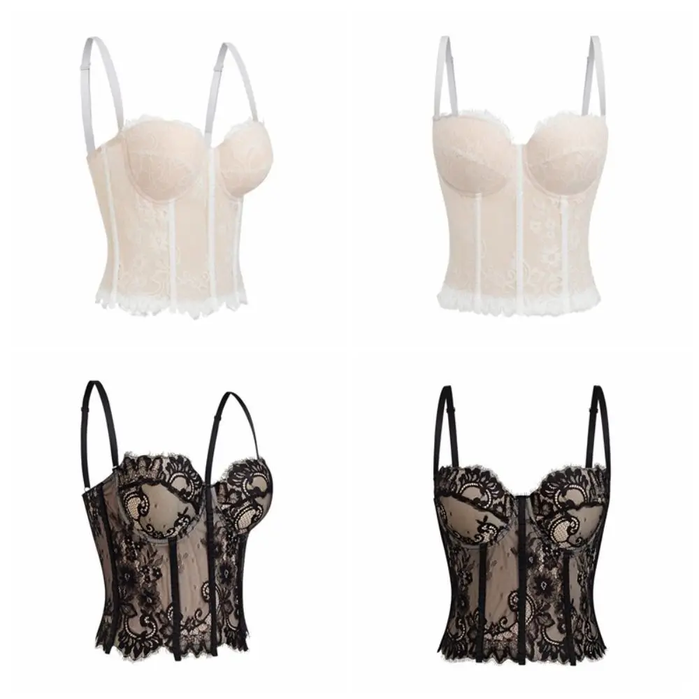 Spicy Girl Style Hollow Lace Camisole Transparent Sleeveless Lace Corset Tanks Streetwear Crop Tops Ladies