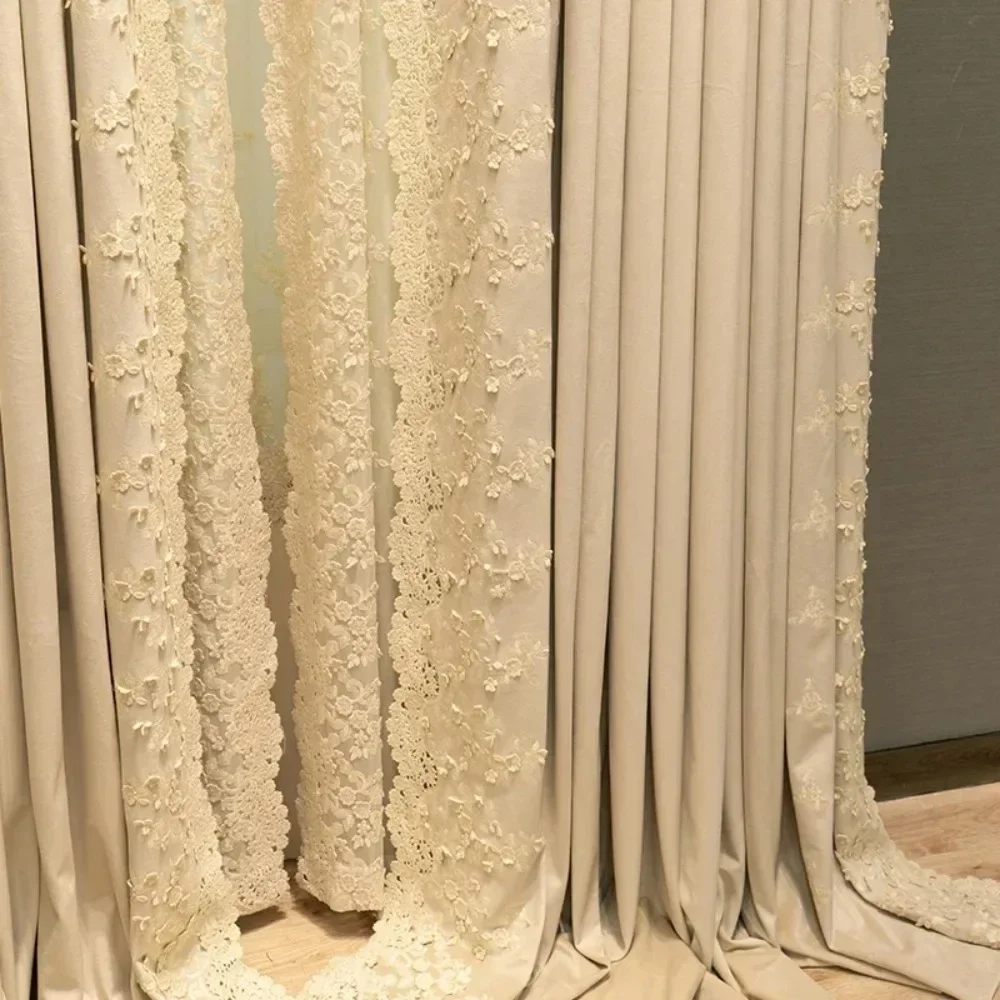 

Floor-to-ceiling Windows Customized Curtains Living Room Bedroom American New French Embroidered Velvet Retro Milk Tea Color