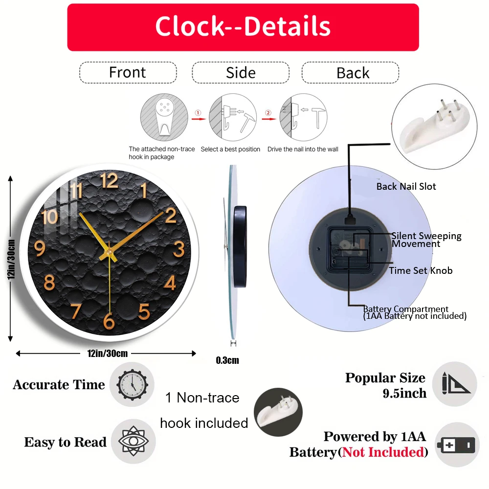 Tempered Glass Wall Clock Moon Surface Texture Clock Suitable For Wall Decor or Tabletop Display Anywhere