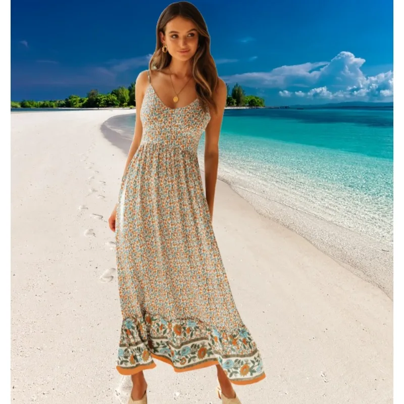 2024 Summer Dress Women's Bohemian Beach Wear V-neck Boho Maxi Dress Strap Floral Woman Beach Dress Vacation Vestidos Mujer