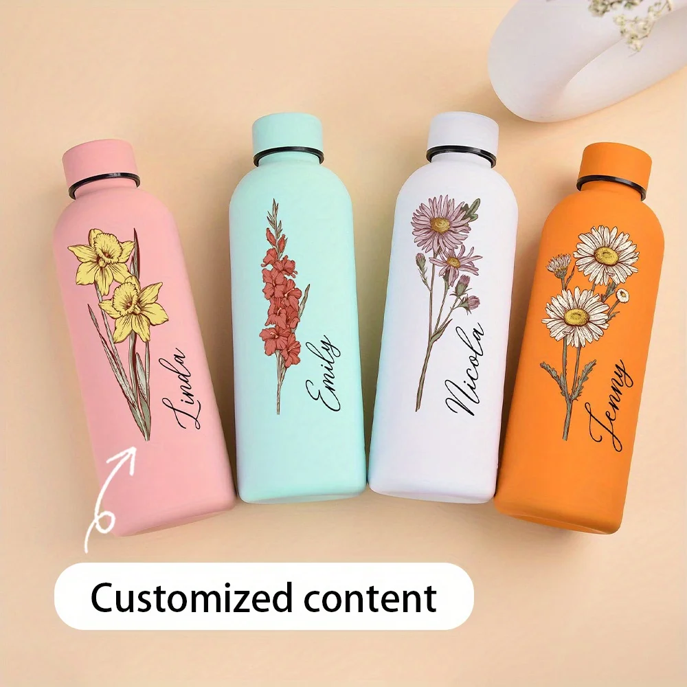 Custom Birth Flower Water Bottle,Personalized Name Floral Print Portable Travel Flask,Drinking Bottle Gift for Women.