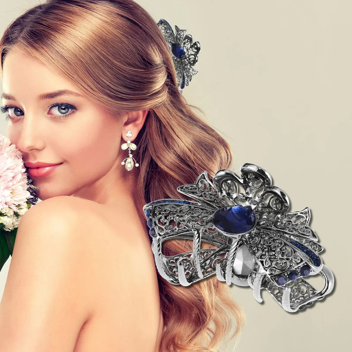 

Crystal Hair Claws Claw Clips Metal Grip Blue Barrettes Durable Jaw Clips Hair Decorations Girls Women Chunky Teeth Smooth