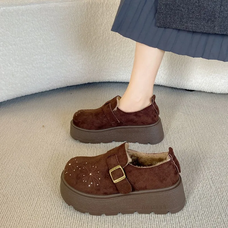 Platform Heightened Rhinestone Cotton Shoes Women's 2026 New Autumn and Winter Belt Buckle Loafers