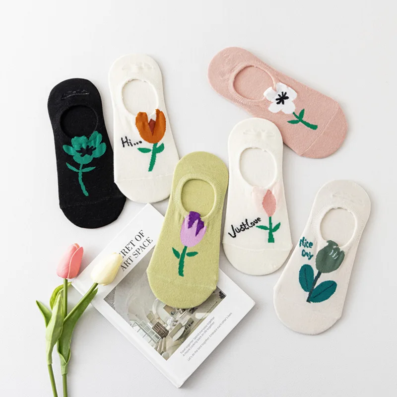 

Women Cotton Casual Socks Spring Summer Thin Boat Socks Non Slip Silicone Flower Invisible Socks Korean Style