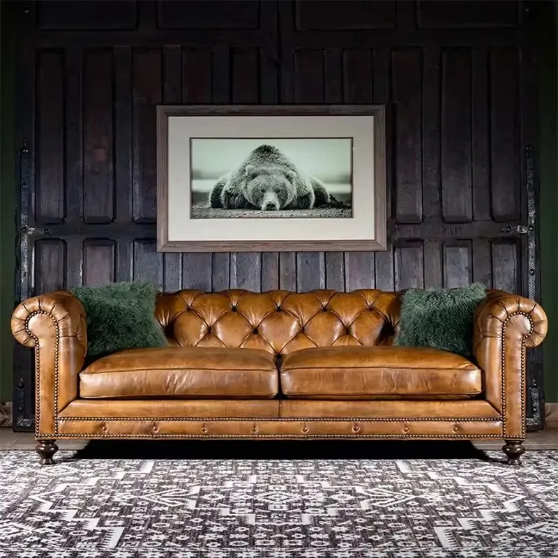 European Style Retro American Oil Wax Leather Art Top Cowhide Layer Distressed Zipper Solid Wood Living Room Sofa Double Three