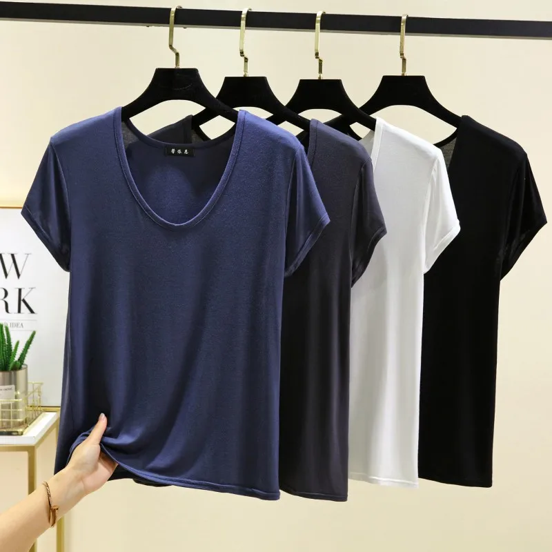 Modal U-Neck Short Sleeve T-Shirt Women Summer Thin Loose Fit Base Shirt Inner Wear Slimming Effect Outerwear Casual Top