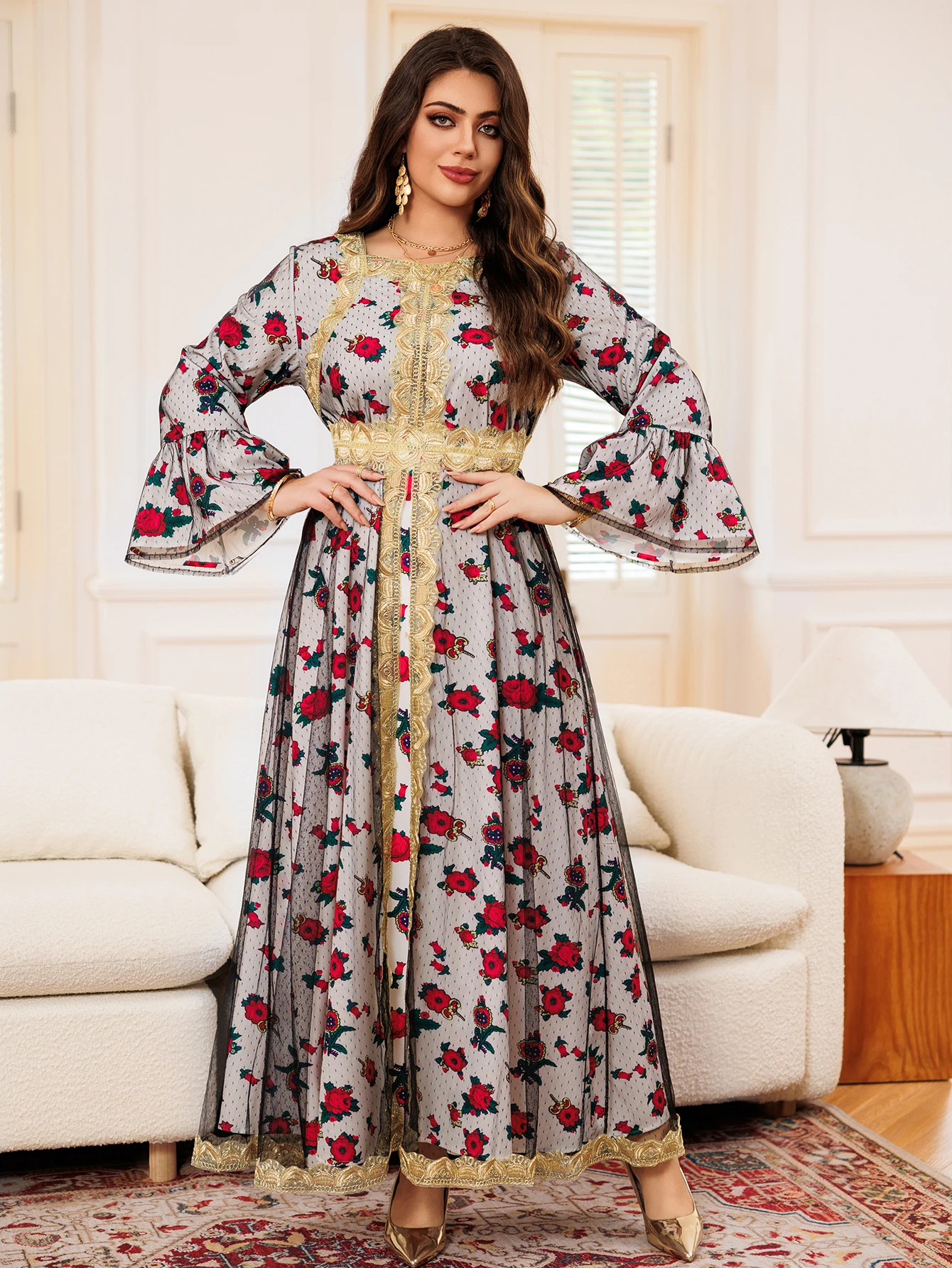 White Mesh Splicing Printed Women\'s Arabian Dresses Abaya Dubai Luxury Skin-friendly Dubai Gilded Muslims Turkish For Party