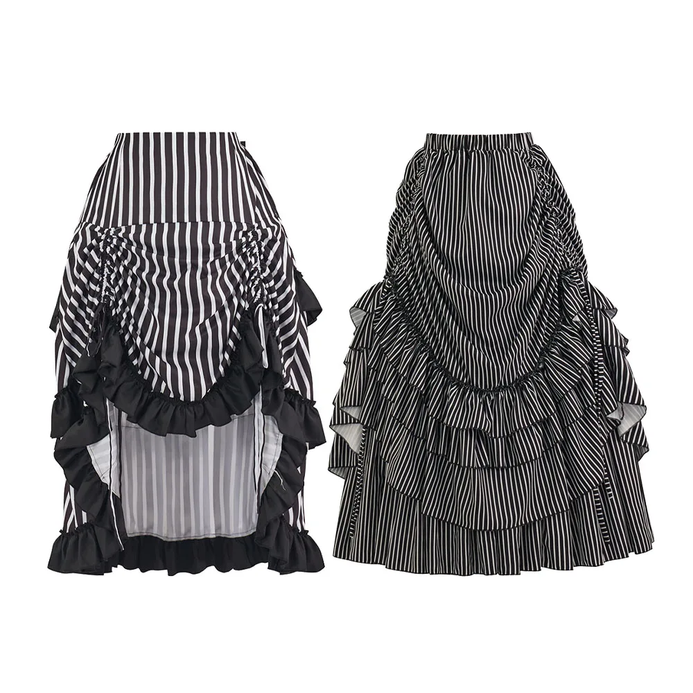

Женская готическая юбка в полоску в стиле стимпанк, винтажное платье-суета, костюм, длинные викторианские юбки с высокой талией и рюшами