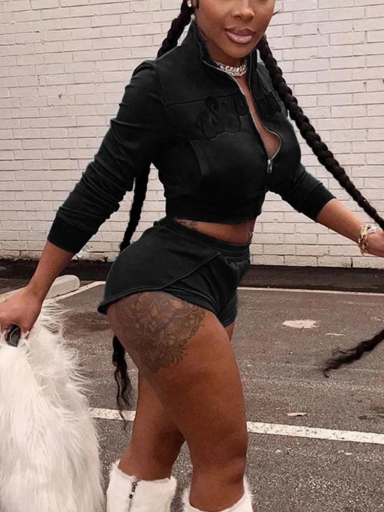 

Long Sleeve Crop Top Mini Shorts 2 Piece Sets Womens Outfits Zipper Conjunto Femenino Appliques Ensemble Femme 2 Pièce Tracksuit