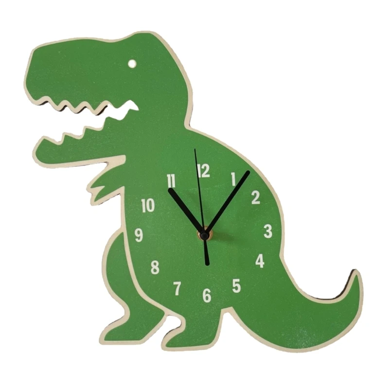 K1MF Wooden Cartoon Dinosaur Wall Clock Decoration Children Rooms Clock Kid Gift