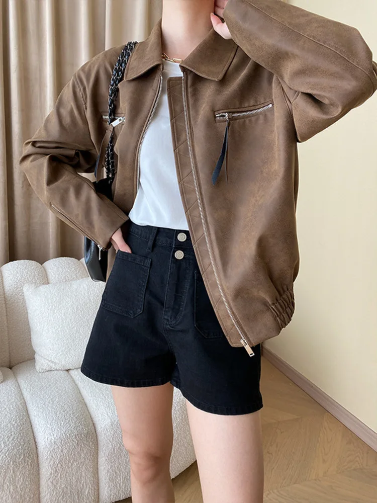 UCXQ Fashionable Street Jacket European Style Vintage Loose All Match Casual Short PU Leather Coat Women 2024 Spring Autumn 9930