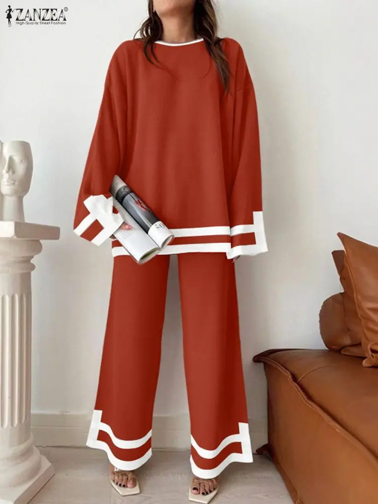 

2025 ZANZEA, осенние вязаные комплекты из 2 предметов, женский свободный спортивный костюм, топы с длинными рукавами, комплекты со штанами, зимние стильные лоскутные одинаковые комплекты