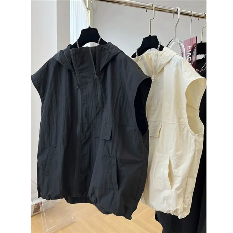 Spring Summer Sleeveless Waistcoat Coat Women2024New Fashion Loose Casual Jacket Pure Colour Hooded Baseball Uniform Vest Female