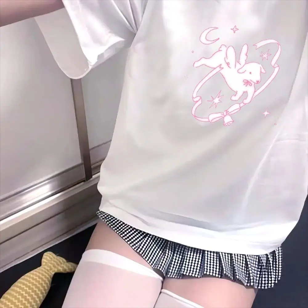 Cute Angel Lamb Graphic T-Shirt Women Summer Short Sleeve Pink Print Fairycore Aesthetic Tops Female Casual Fashion Harajuku Tee