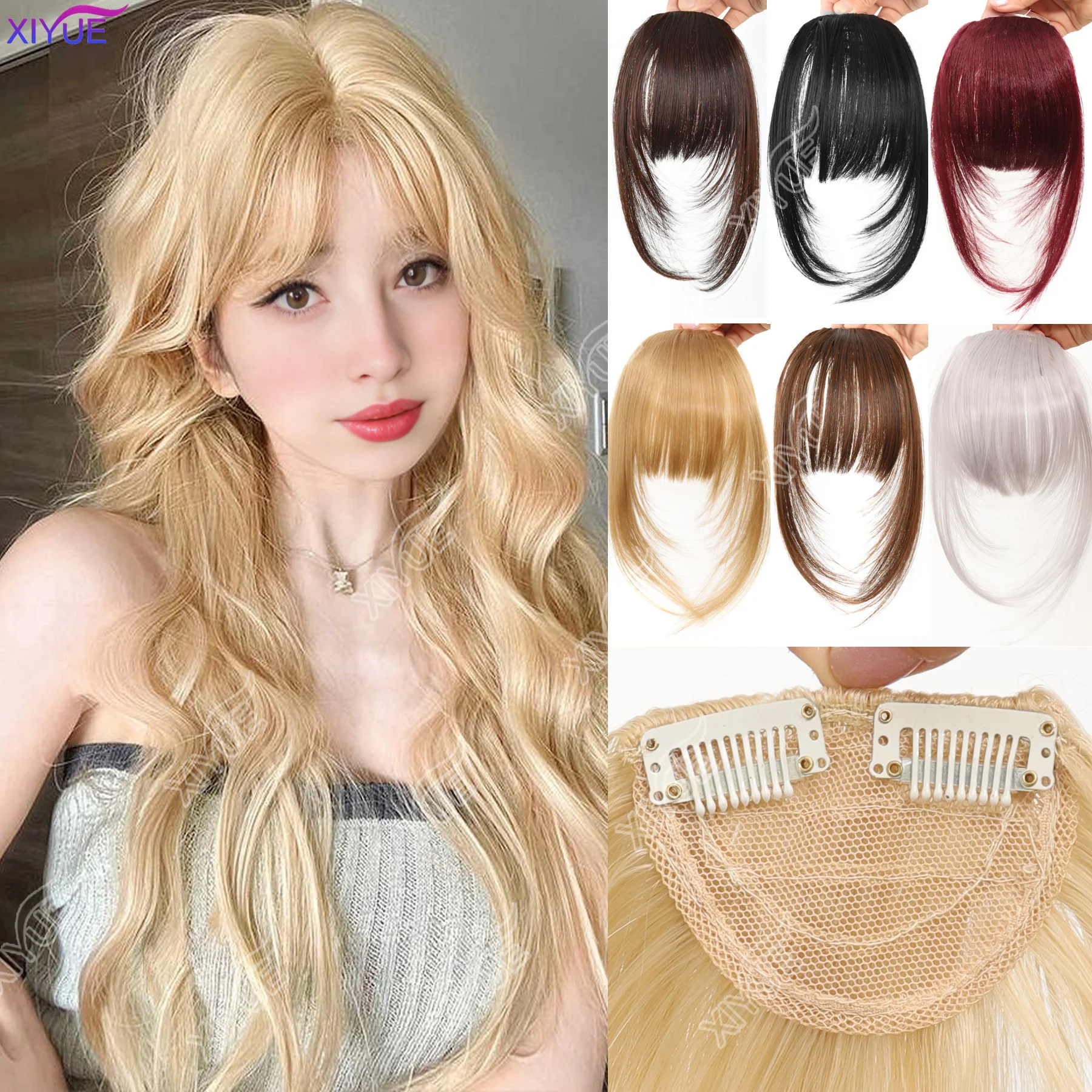 XIYUE Straight Blunt Bangs Synthetic Natural Brown Black False Fringe Clip In Front Hair With Fringe with Temples Daily Wear