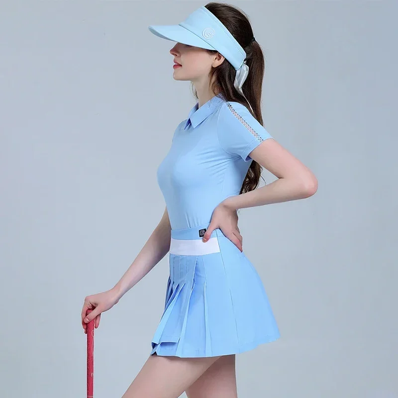 G-life Summer Female Breathable Soft Training Shirts Anti-sweat Golf Tops Women High Waisted Golf Culottes Pleated Skorts Suits