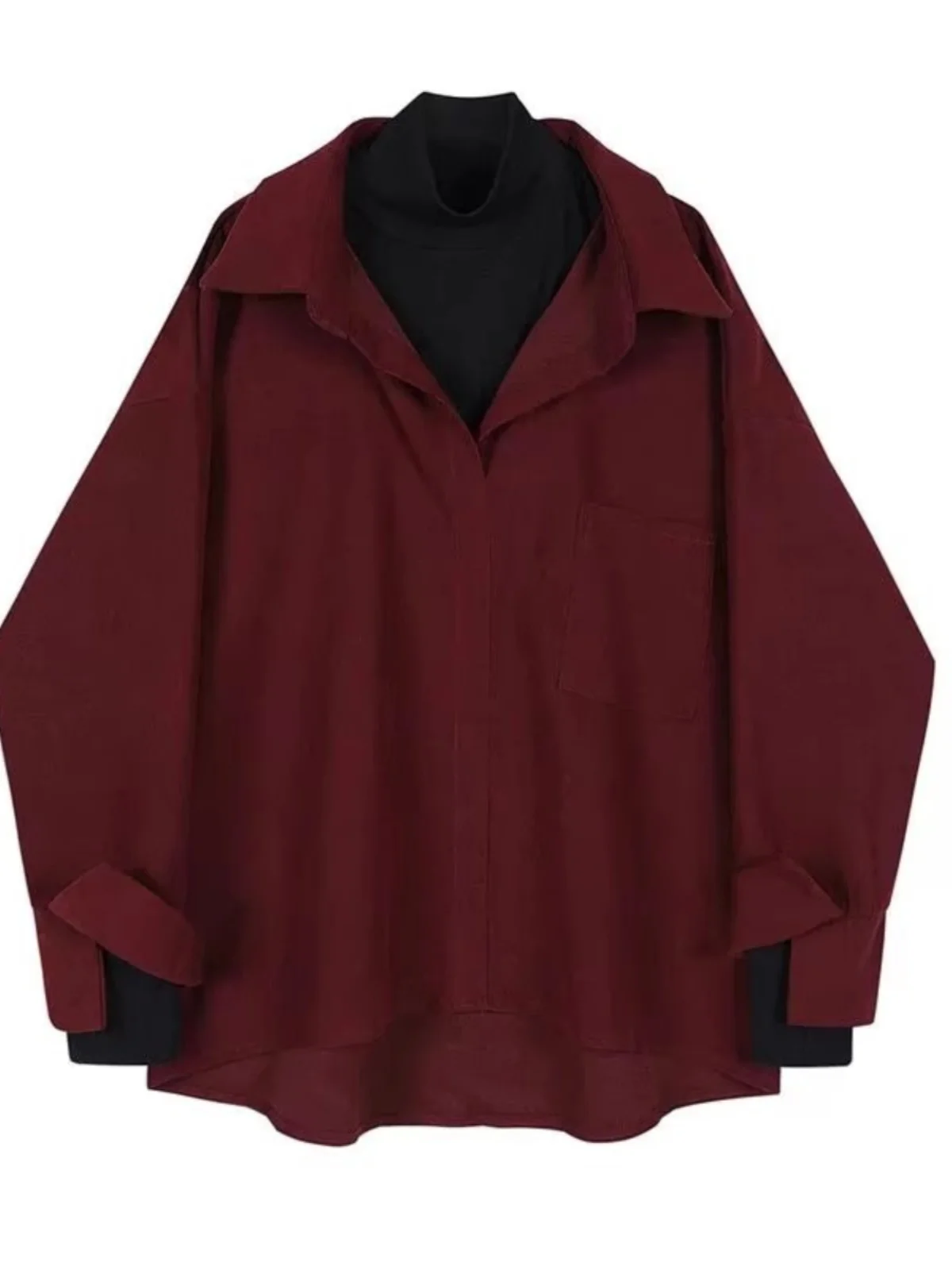 

Red Wine Color Corduroy Shirt Men's Spring Autumn Design Sense Fake Two-Piece Turn-down Collar Top Ins Large Size 300 Pounds