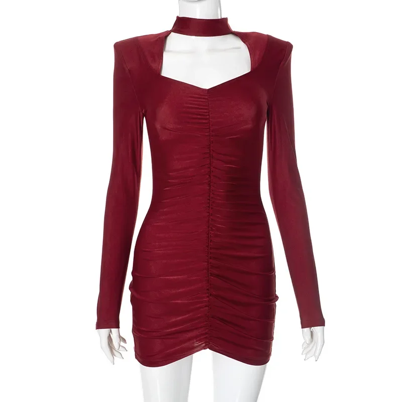 Rode Mini Kerst Jurk voor Vrouwen Sexy Hollow Out Bodycon Korte Jurken Herfst Winter Mode Lange Mouw Club Feestjurk 2024