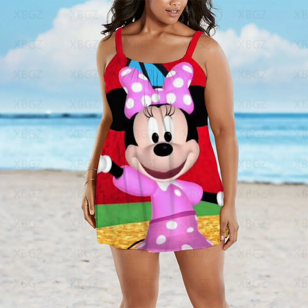 Plus Size Dresses Summer Outfits Loose Woman 2022 Print Elegant Women Cartoon Chic Dress Sleeveless Sling Minnie Mouse Sexy Boho