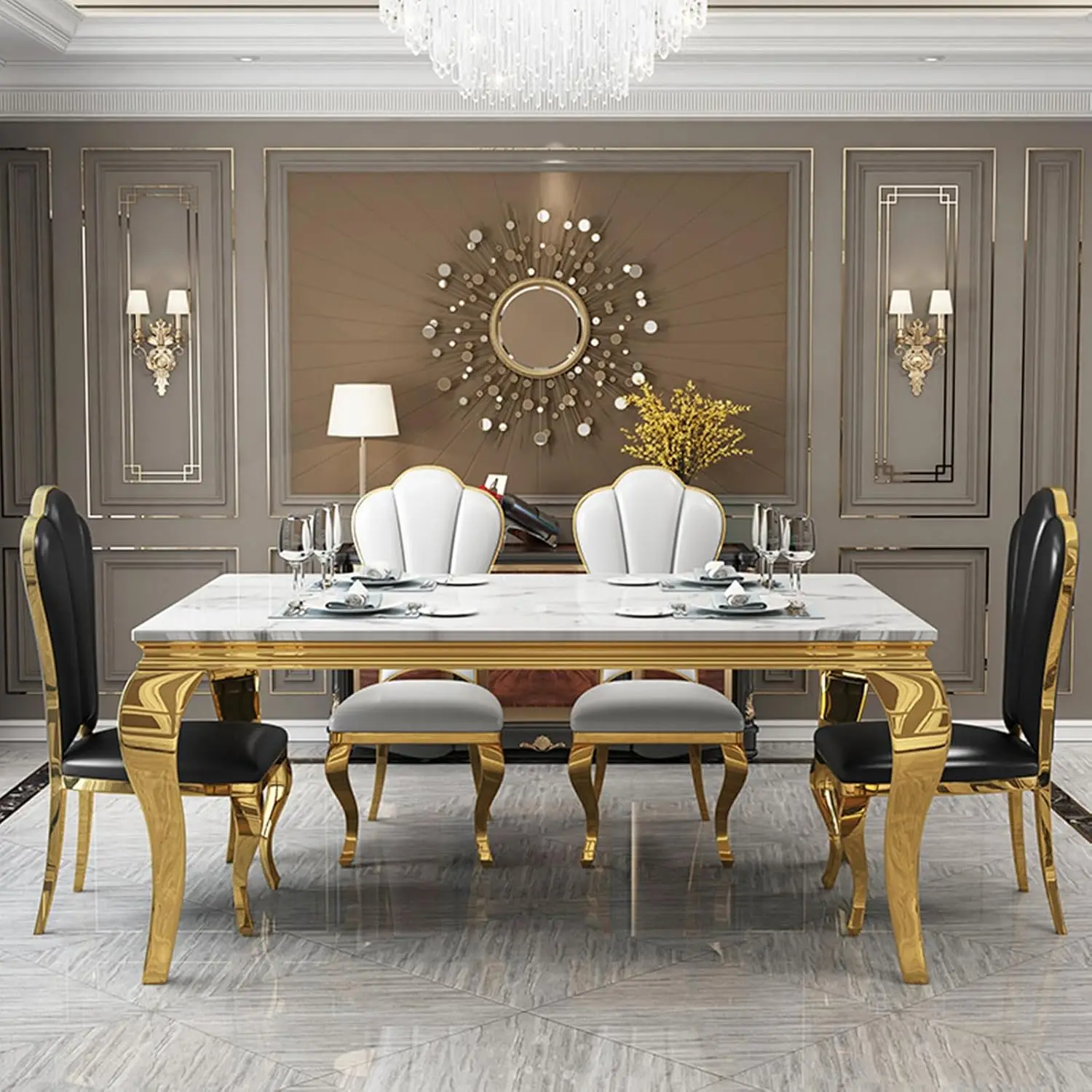 Henf Modern Dining Table for 6-8, 70 Inch White Marble Kitchen Table with Gold Mirrored Cabriole Legs, Luxurious Rectangular