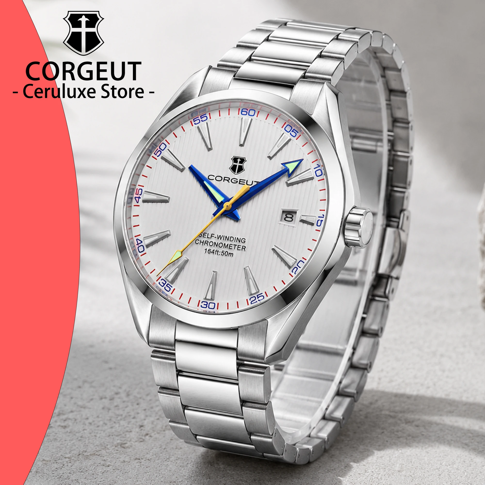 

CORGEUT 41mm NH35 50Bar Waterproof Luminous Dial Calendar Watch Luxury Watch for Man Sapphire Glass Flat Men's Watches
