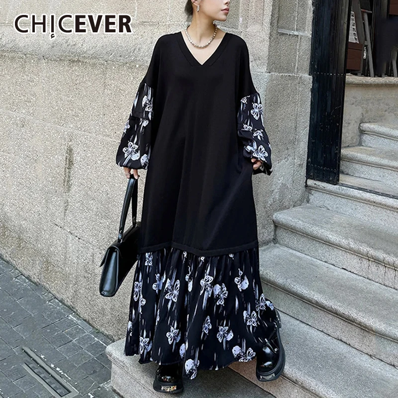 

CHICEVER Print Design Sweater Dress For Women V Neck Puff Sleeve Hig Waist Patchwork Ruffles Autumn Loose Dresses Female Clothes