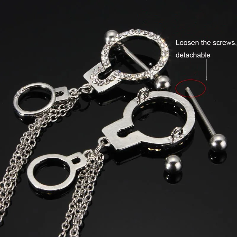 Zinc Alloy Handcuff Nipple Ring Long Chain Surgical Steel Jewelry Piercing Fashion Men Women Puncture Rhinestone Jewelry New