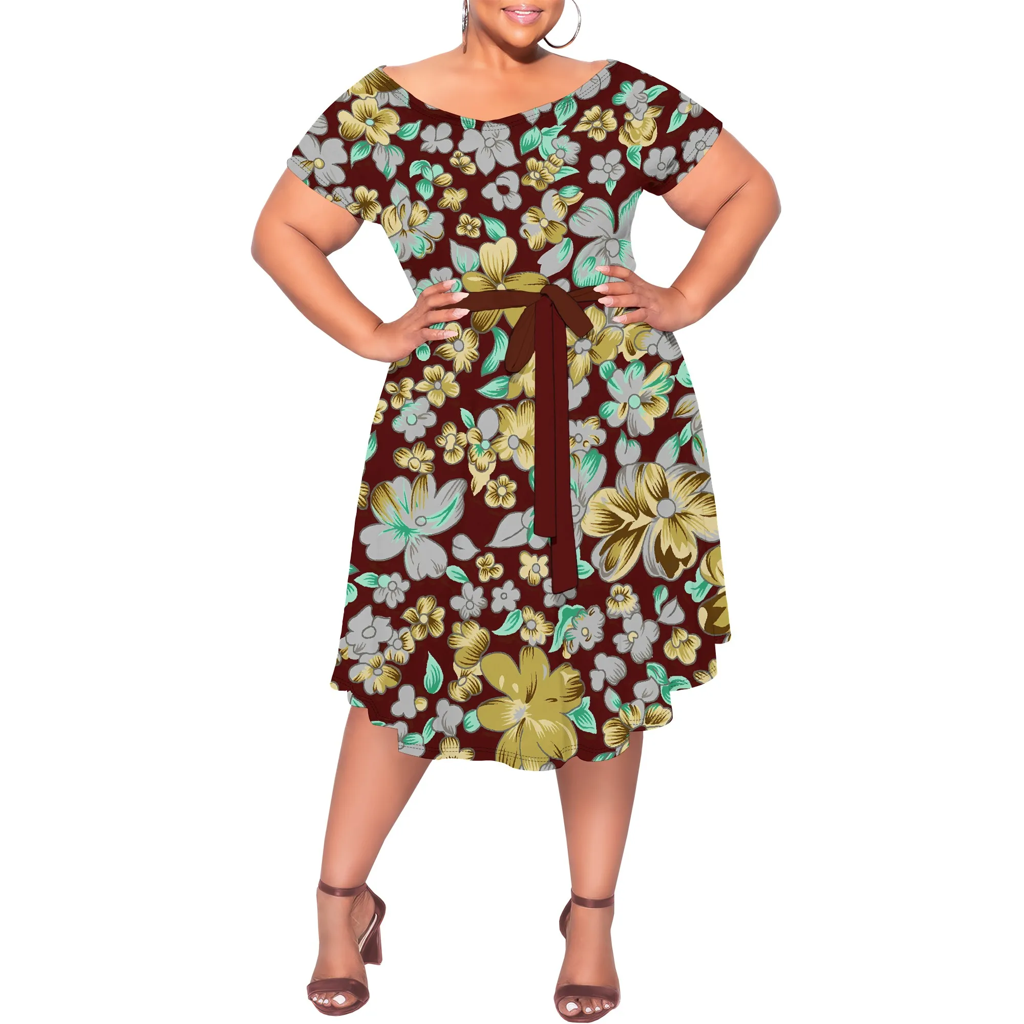 Nupusa jurk met palmbladprint voor dames, grote maten zomer, casual off-shoulder jurk met korte mouwen