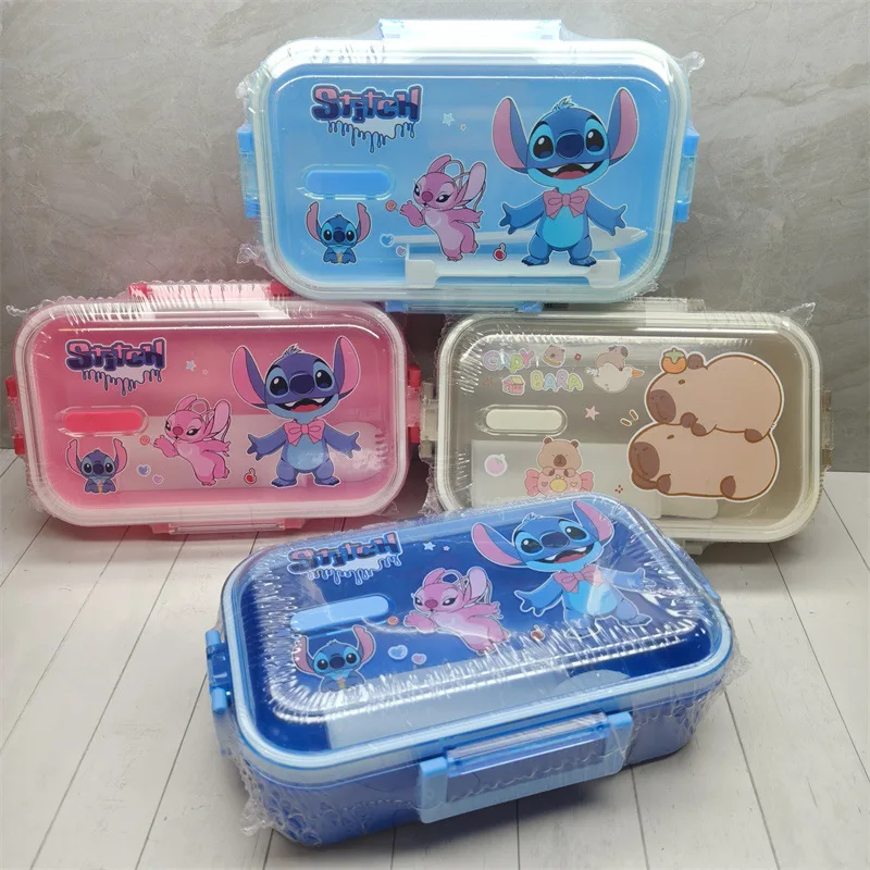 

Stitch Bento Box Cartoon Cute Square Divided Two Grid with Spoon Students Lunch Going Out Large Capacity Freshness Box