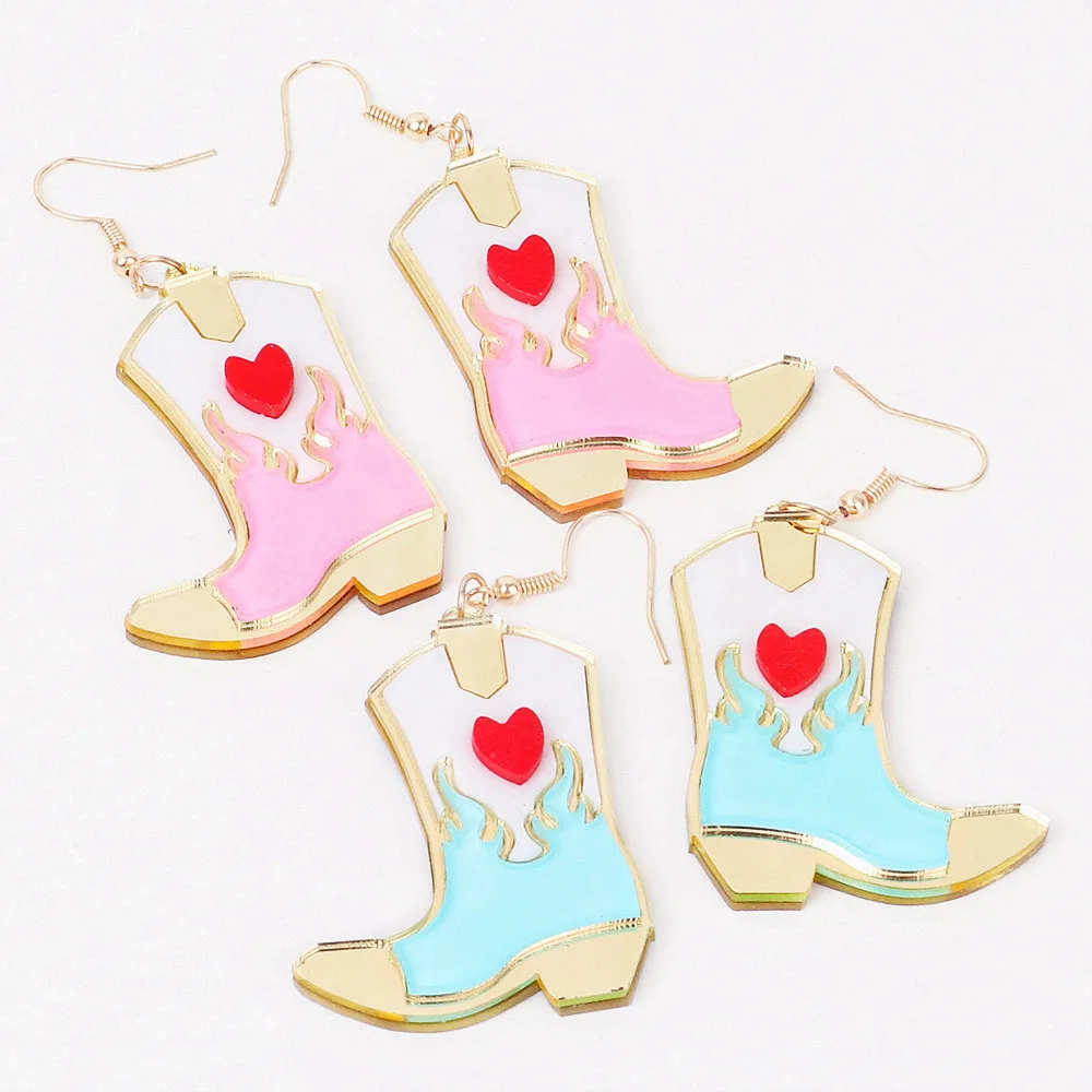 

Retro Acrylic Pink Blue Cowboy Boots Drop Earrings for Women Cute Heart Flame Gold Color Shoe Dangle Earring Y2k Fashion Jewelry