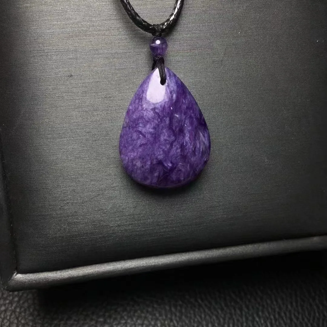 Cost Effective One Piece Natural Charoite Crystal Healing Drop Shape Pendant With Leather Rope Fashion For Gift