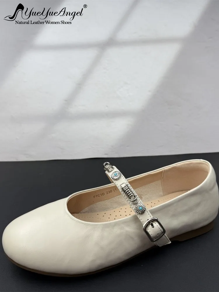 

Office Ladies Casual Low Heel Pumps Round Toe Buckle Solid Color Spring Women Retro Sheepskin Genuine Leather Comfortable Shoes