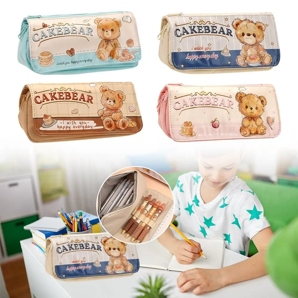 Cute Cake Bear Pencil Case Waterproof Large Capacity Pen Bag with Handle Multi-layer Stationery Storage Pouch