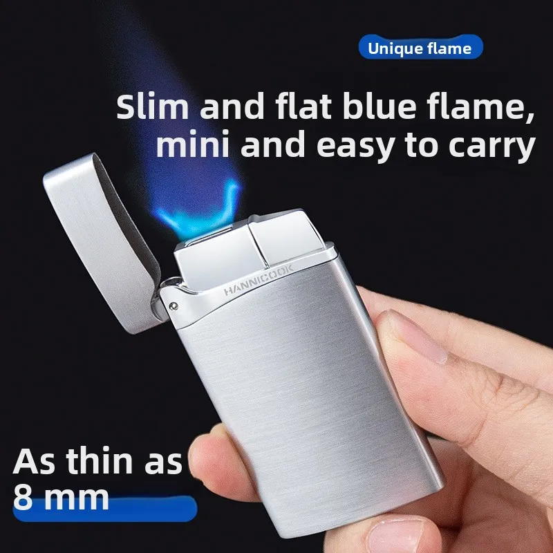 HANNICOOK straight flush flat flame blue flame inflatable lighter, windproof ultra-thin lighter,cigarette accessories,men's gift