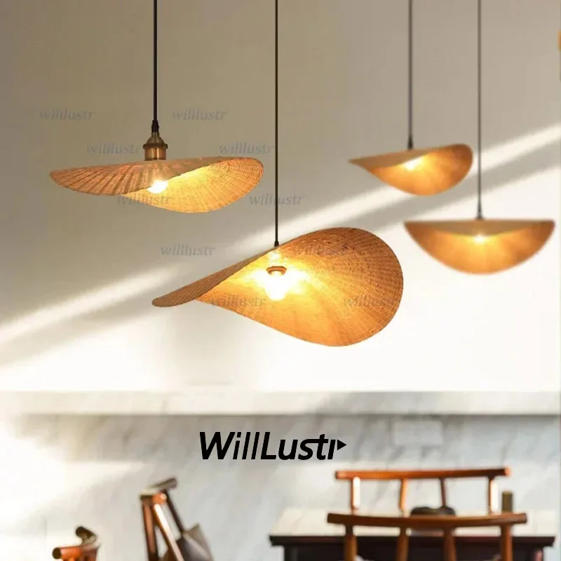 Bamboo Pendant Lamp Curve Leaf Handmade Suspension Light Hotel Cafe Mall Shop Bar Wood Hand Knitted Hanging Ceiling Chandelier