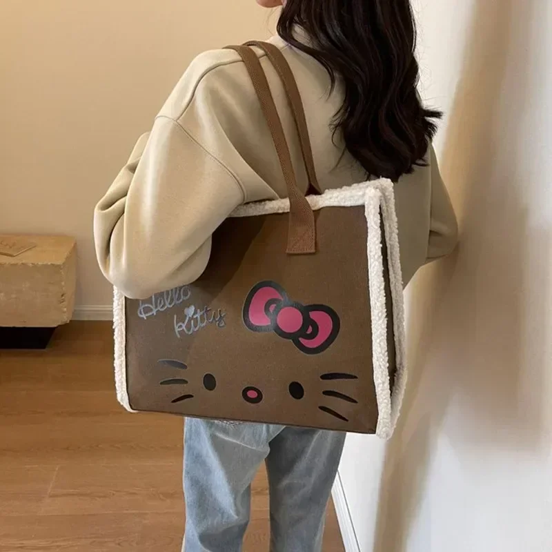 

Sanrio hello kitty canves shoulder bag women's new autumn cartoon handbag shopping storage bag color contrast mommy tote bag