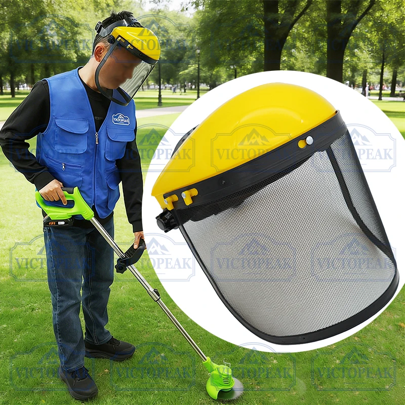 Garden Grass Trimmer Adjustable Safety Helmet with Steel Mesh Visor Yellow PVC Protective Headgear for Gardening
