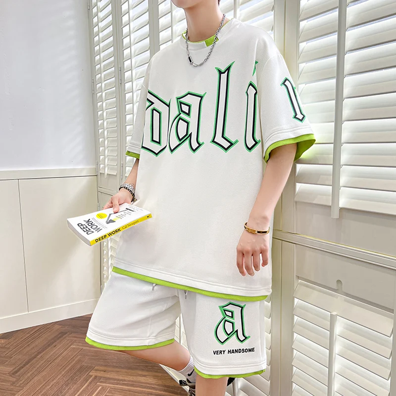 

American High Street Men's ort Sve Set Loose Design Summer Thin Body T-irt Five-Quarter Sve T-irt Casual Sportswe...