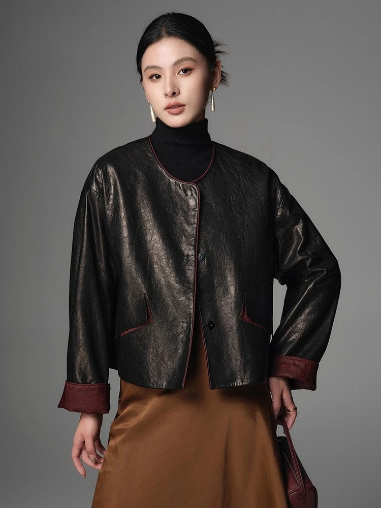 

O-neck Short Genuine Leather Jackets for Women Spring Autumn 2026 New High-end Simple Casual Oil Wax Real Goatskin Leather Coat