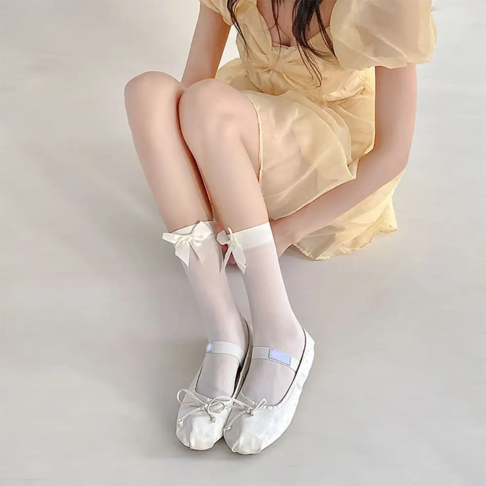 

4Pairs Harajuku Comfortable Bowknot Lolita Socks Sweet Y2k Mid-Tube Socks Candy Color Hosiery Summer Thin Stockings Women