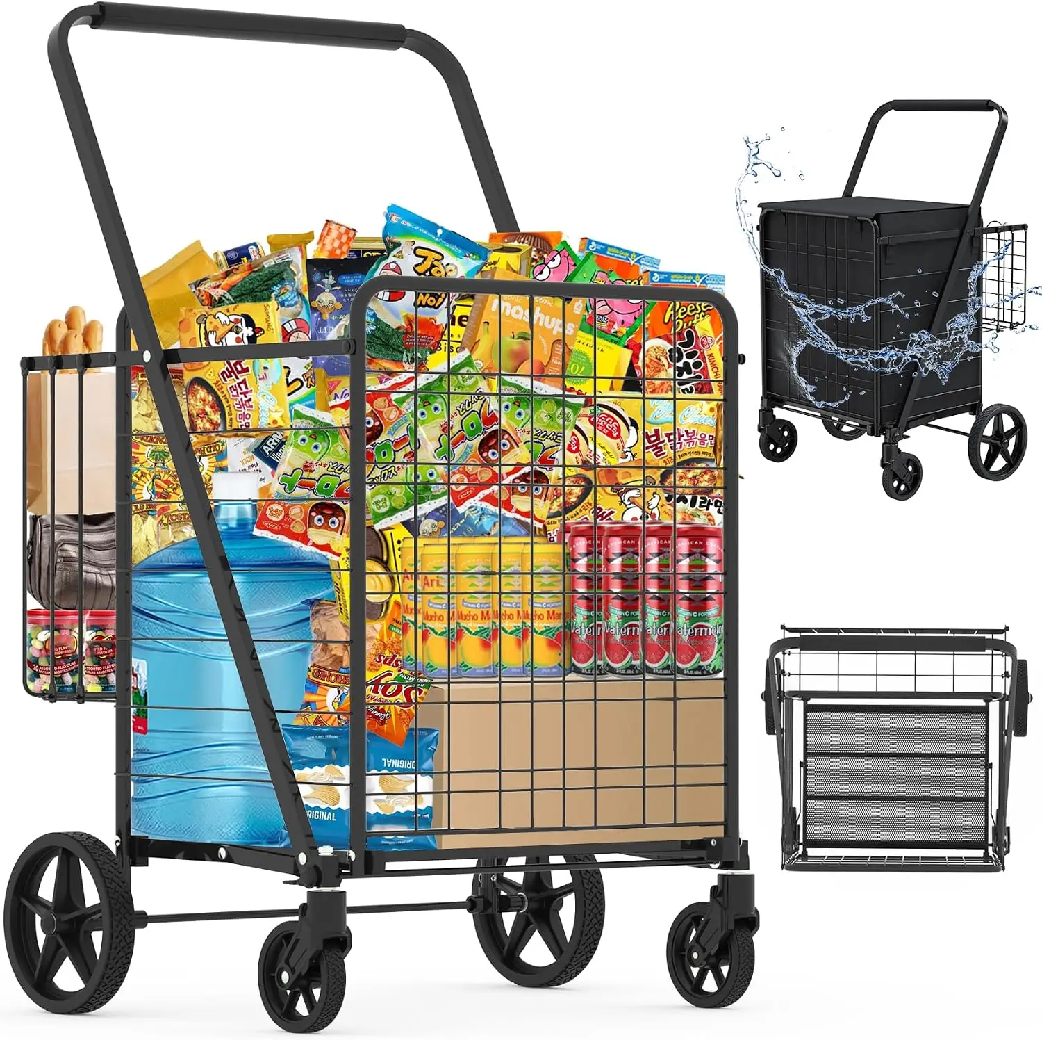 Carrito de Compras Plegable Resistente con Ruedas Giratorias de 360°, Carrito de Supermercado Impermeable, Carrito de Transporte de Lavandería Jumbo con Bolsa de Almacenamiento de Gran Capacidad, Plateado y Negro