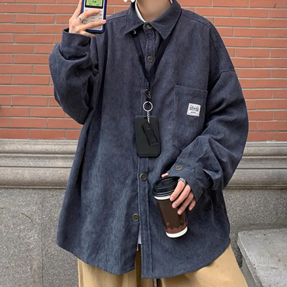 Spring Shirt Single-breasted Placket Casual Warm Corduroy Patch Pocket Men Tops Men Tops for Work