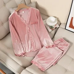 Velvet Pajamas Women Autumn Winter Sleepwear Long Sleeve Casual Nightwear Pyjamas Suit Loose Home Clothes Lace Trim Sleep Set