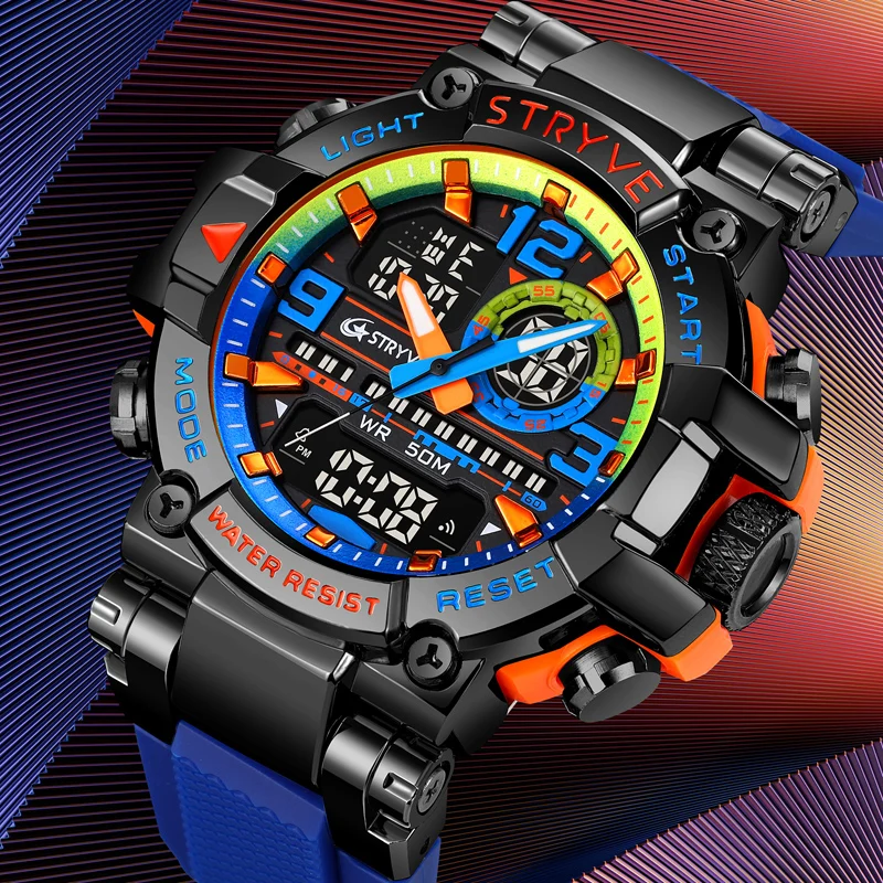 Digital Watches for Men Blue Tactical Quartz Wristwatch Big Dial Waterproof Electronic Dual Time Military Clocks Alarm Stopwatch