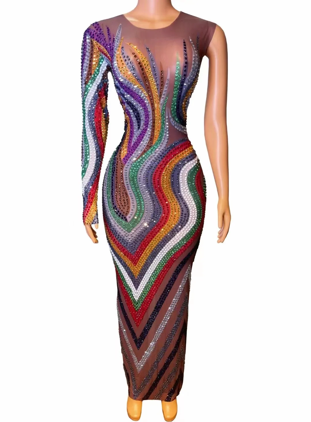 

Colorful Sparkly One Shoulder Design Rhinestone Women Long Dress Birthday Performance Singer Stage Wear Wedding Outfits