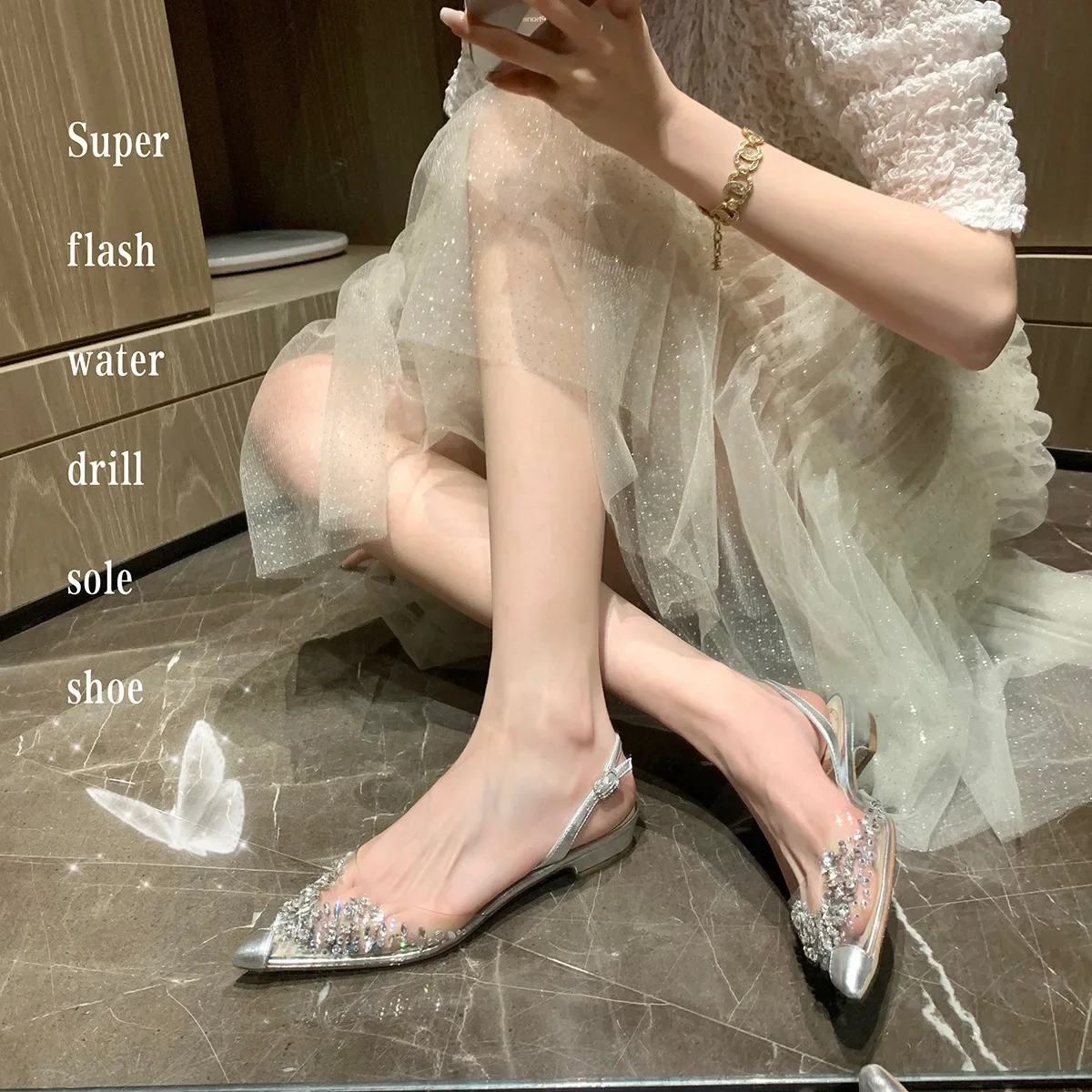 New Summer Women Rhinestone Transparent Sandals Baotou Low Heel Flat Pointed Toe Crystal Women Shoes Dress Pumps Shoes