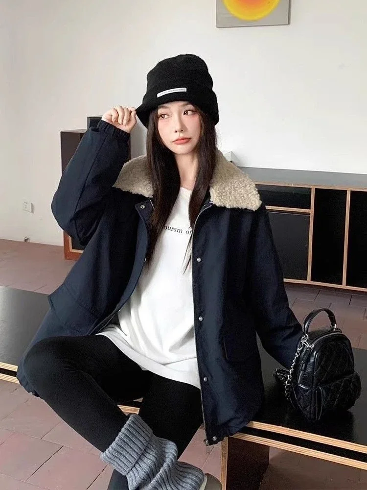 

Женская парка с меховым воротником ягненка, зимнее пальто, новинка 2025 года, повседневная рабочая одежда, утолщенный пуховик, стильный