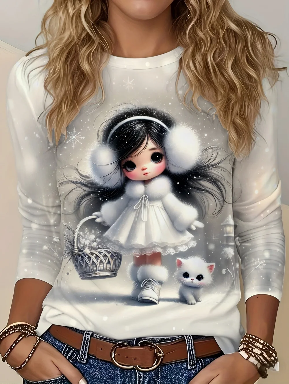 Women's Autumn T-Shirt Cute Animal 3D Print Kawaii Penguin Cat Long Sleeve T-Shirts Outdoor Tops Pullover Fashion Women Clothing