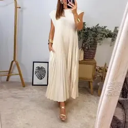 Women's Summer Pleated Dress Fashionable Comfortable Casual Commuting Fly Sleeve Dress Women's Side Double Pocket Dress Skirt