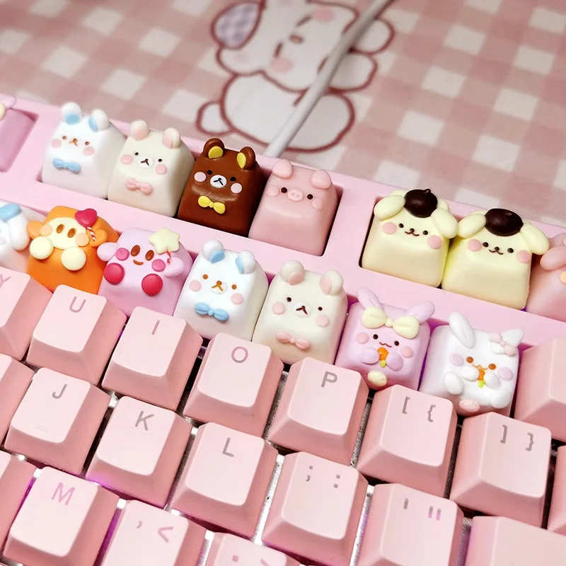 Cartoon Keycaps Anime Personalized Handmade Soft Clay Material  Pink Purple White Rabbit Pig Pattern Mechanical Keyboard Cap